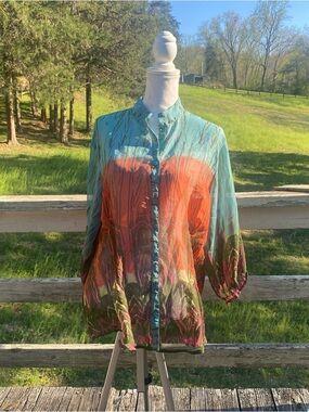 Women’s Multicolor Button-Front Blouse - Teal & Orange